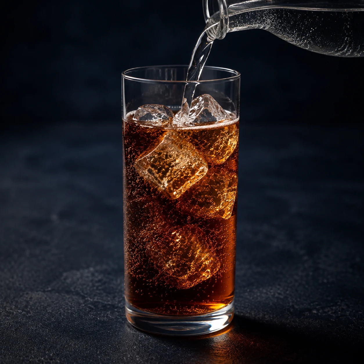 炭酸水を注ぐ瞬間。透明な氷の周りに、細かな泡が立ち上がる炭酸割り。