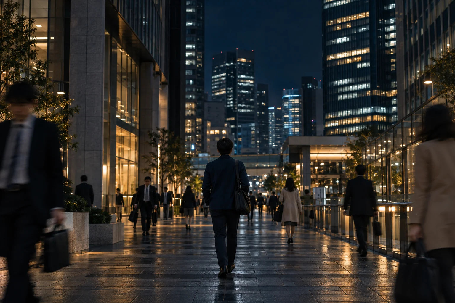 夜のオフィス街。行き交う人々の中を、一人の男性が歩いていく。