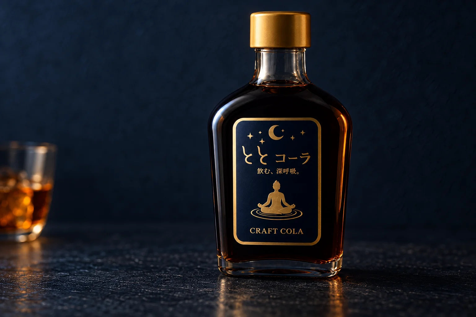 紺と金のラベルに坐禅の姿を描いた、ととコーラのボトル。