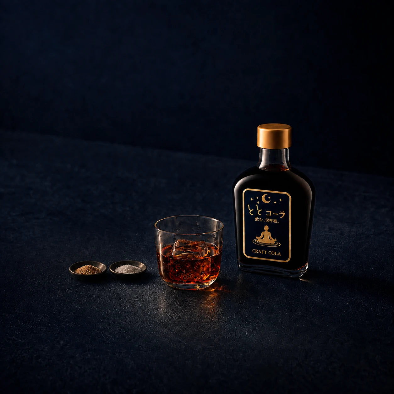 夜の光に照らされたととコーラのボトルとグラス。左に羅漢果顆粒とアルロースを入れた小皿を控えめに添えて。