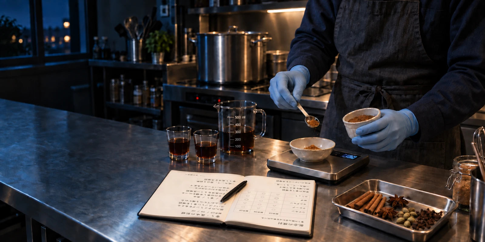 夜の調理工房で、手袋を着けてスパイスの配合を検討する手元。