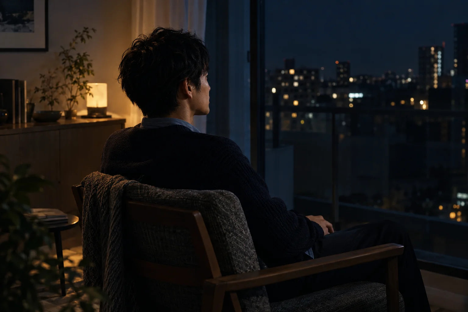 暖かな明かりのある部屋で、夜の街を眺めながら一人で考える男性。