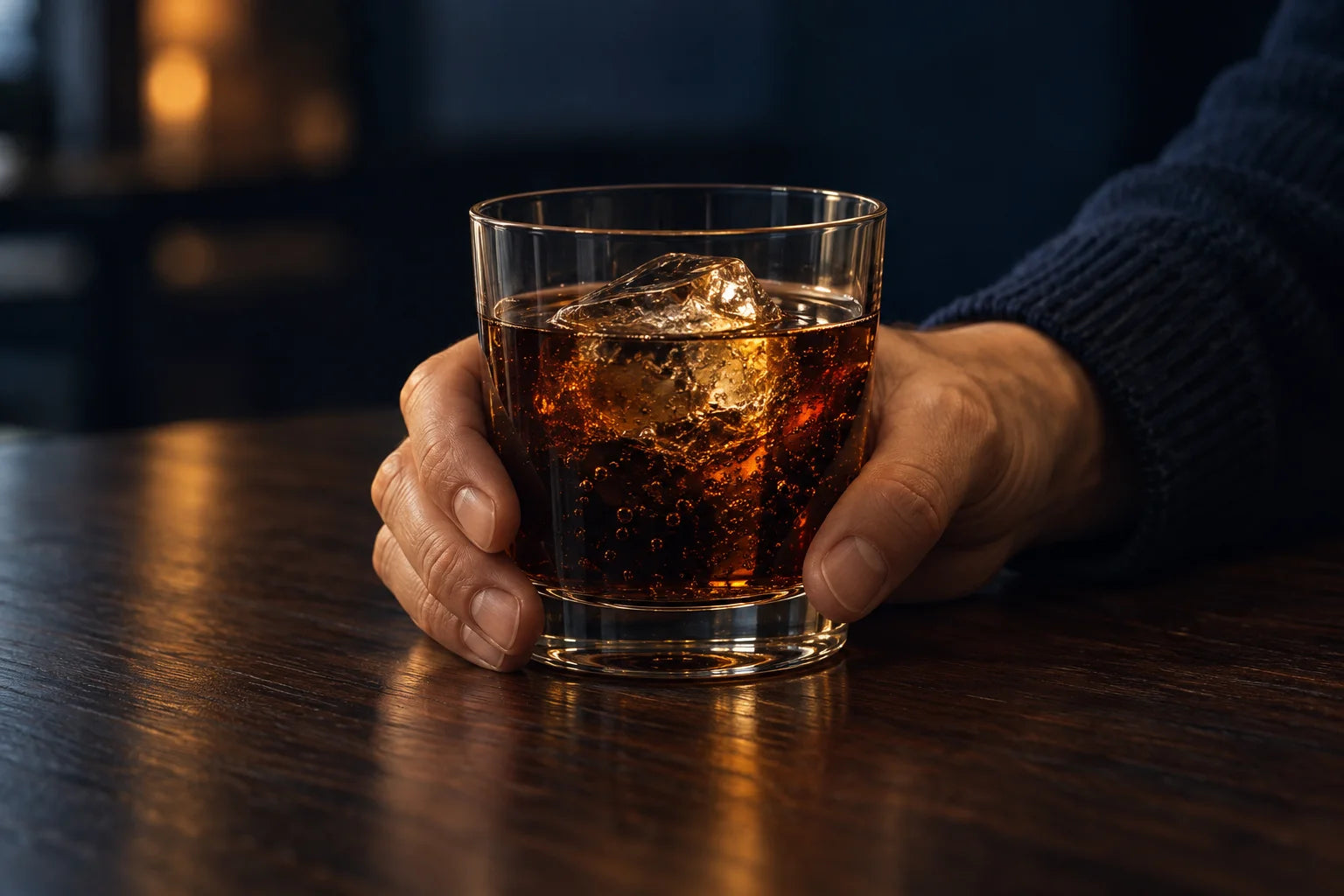 濃いコーラと透明な氷を入れたグラスに、手を自然に添える。