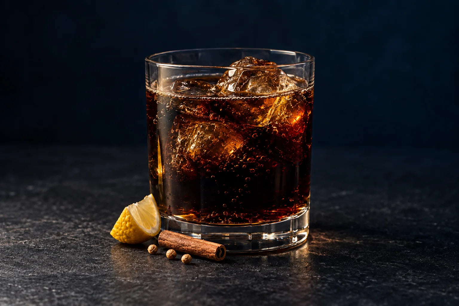 氷と細かな泡のあるコーラに、ゆずとスパイスを控えめに添えた一杯。